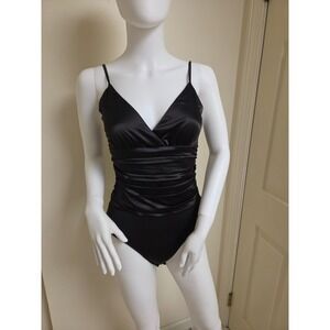 Nanamacs Black Satin Ruched V-Neck Bodice Bodysuit Small Adjustable Straps